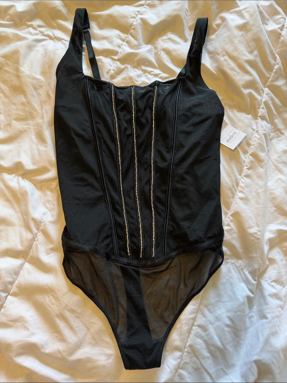 Auden Black Mesh Panel Corset-Style Bodysuit